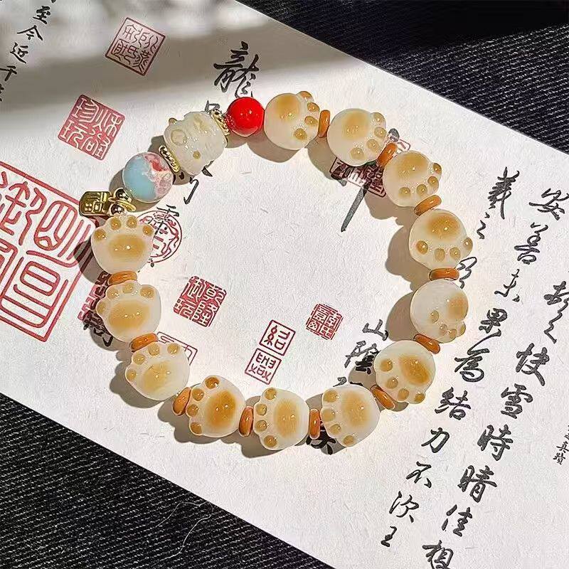 国风福牌招财猫串珠手链炭烧猫爪小众设计感学生可爱手串轻奢饰品