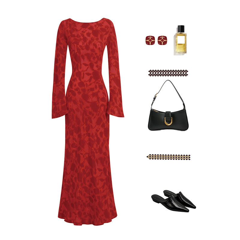 Red Printed Dress, Heavyweight 100% Mulberry Silk, Light Luxury Bias-Cut Silk, Lazy Style, Slimming Bell-Sleeve Long Dress