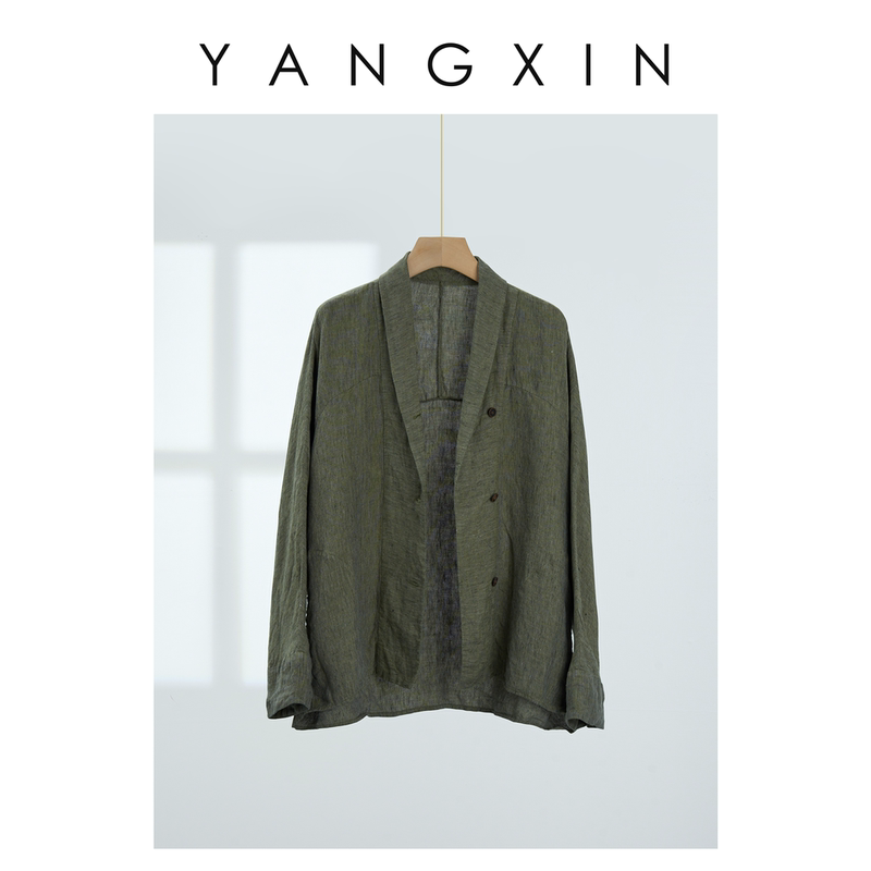 【Ageless·Yang Xin】 "Green Shirt with Hidden Meaning" Hemp Distressed Zen Style Retro New Chinese Style Top Ss06158