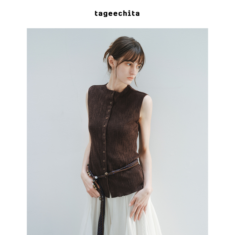 Tageechita Wool Blend Relaxed Texture Stand Collar Open-Front Fitted Sleeveless Top Vest Tageechita Wool Blend Relaxed Texture Stand Collar Open-Front Fitted Sleeveless Top Vest