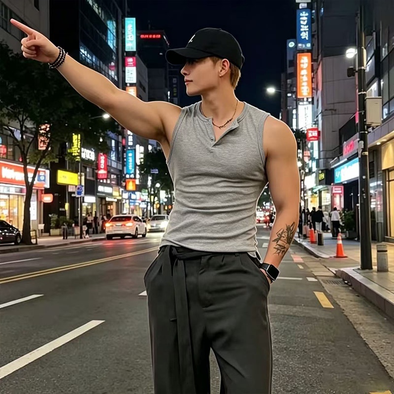 Hecusen 2026 Summer New American Casual Sports Buttonless Henley Collar Vest Men's Muscle-Showing Top