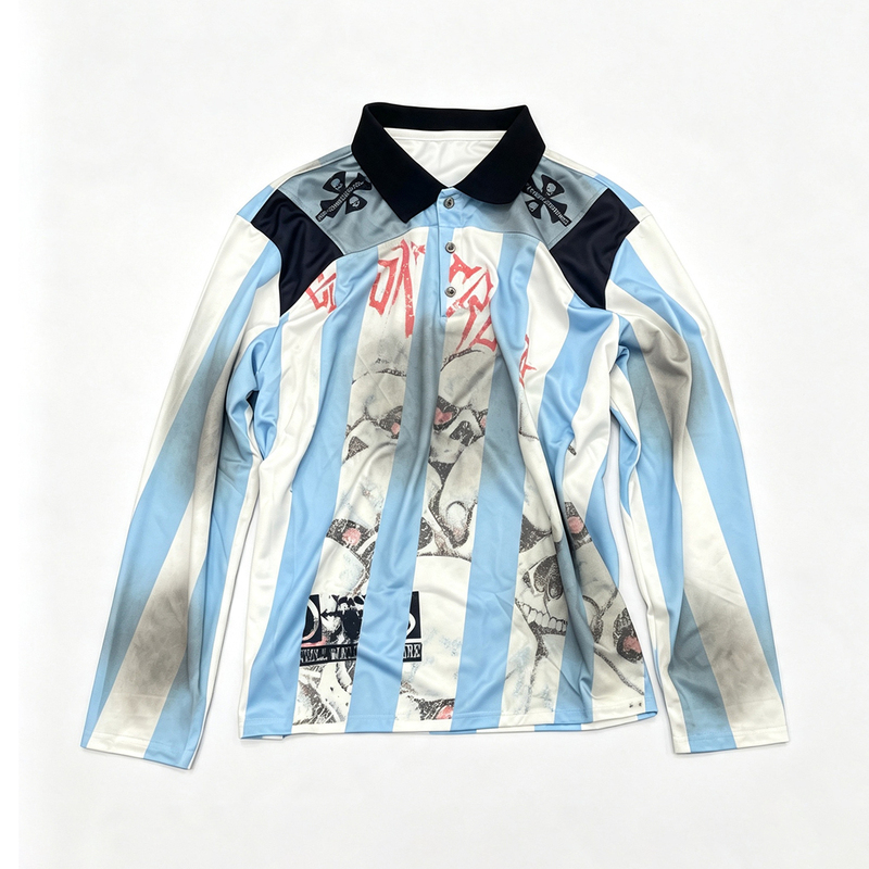 Luuucam Y2K Blue and White Vertical Striped Long-Sleeve Polo Shirt with Skull Print and Distressed Collar in Jersey Style Luuucam Y2K Blue and White Vertical Striped Long-Sleeve Polo Shirt with Skull Print and Distressed Collar in Jersey Style