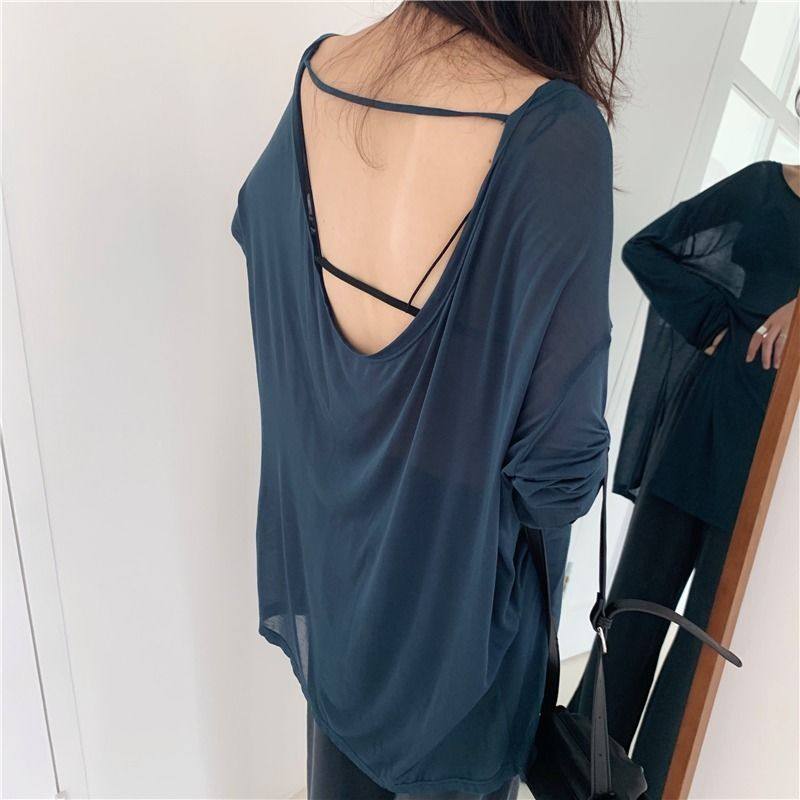 Summer thin cover shirt sunscreen t-shirt with a small crowd of lazy wind and casual sexy open-back blouses suit-Taobao