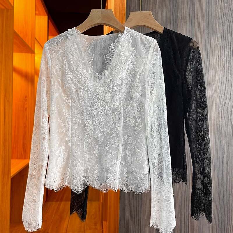 Shenzhen 26 New Style Nanyou Women's European-Style Double-Layer Lace V-Neck Slim-Fit Long-Sleeve T-Shirt Base Layer Top for Women