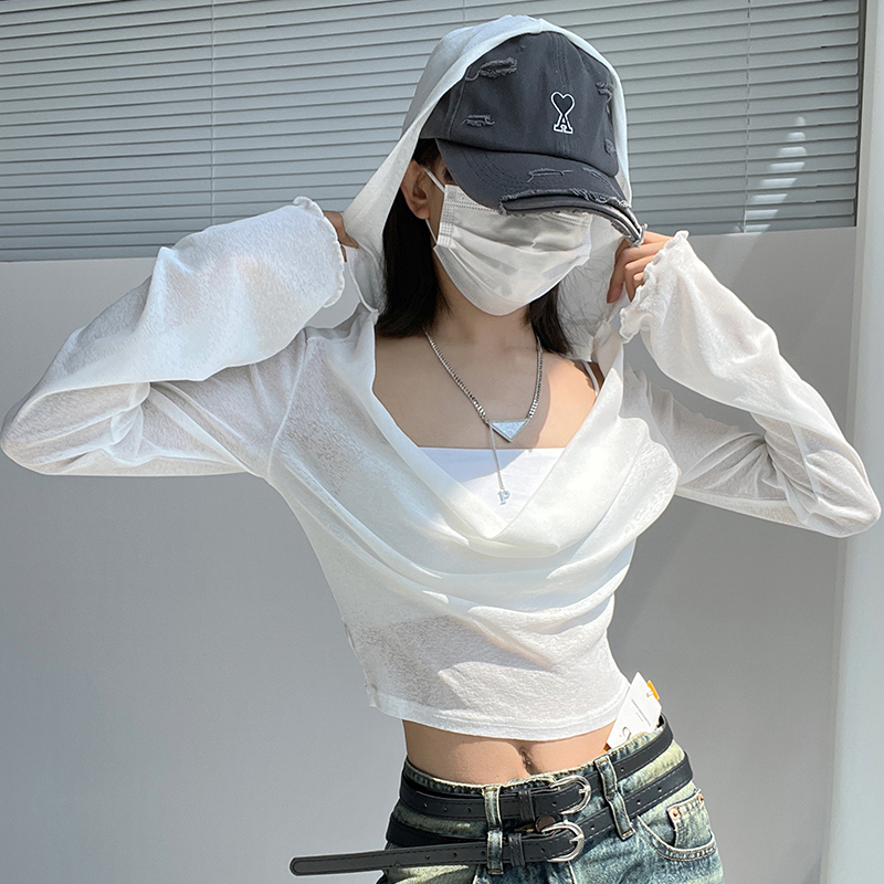 Women's Summer Sweet and Cool Sexy Long-Sleeved Hooded T-Shirt, Short Sun-Protective Casual Thin Crop Top, Versatile Top