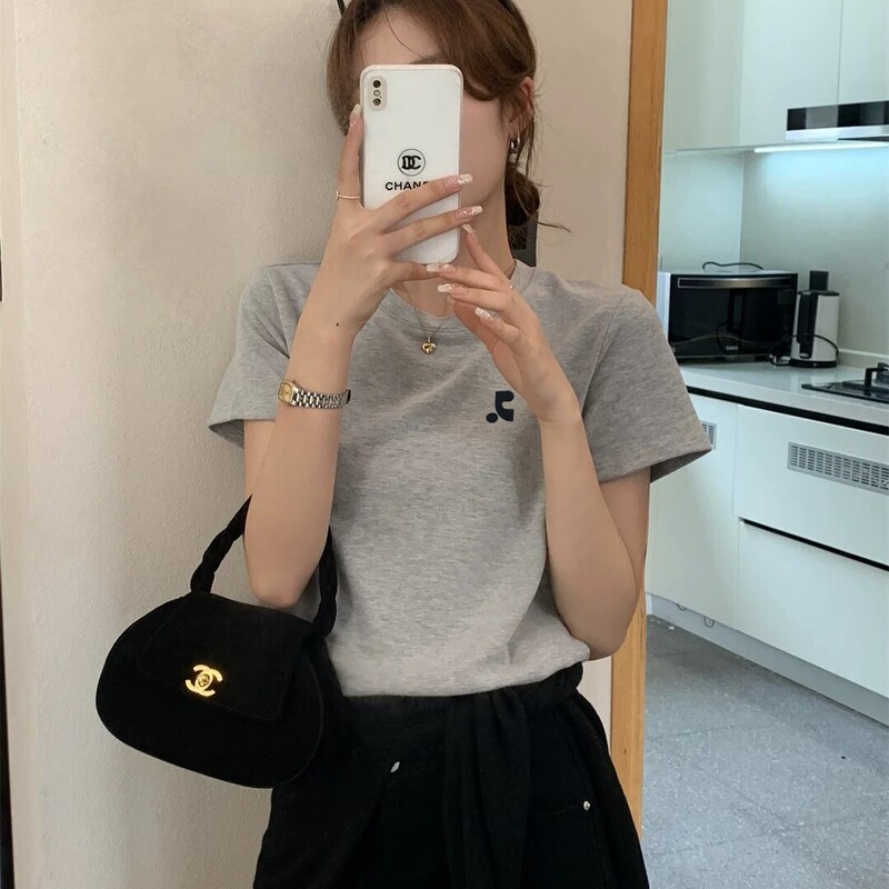 Korean Restandrecreation Spring and Summer Letter Print Round Neck Regular Shoulder Solid Color Short-Sleeve T-Shirt Base Shirt for Women