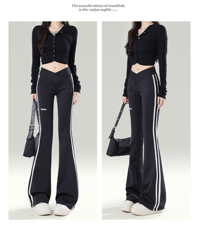 拉夏贝尔美式条纹黑色微喇卫裤女2025秋季三角腰设计感休闲喇叭裤详情10