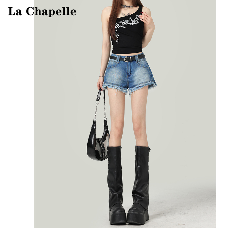 La Chapelle Retro Blue Washed Distressed Denim Shorts for Women 2026 New Summer Low-Waist Fringed Hot Pants