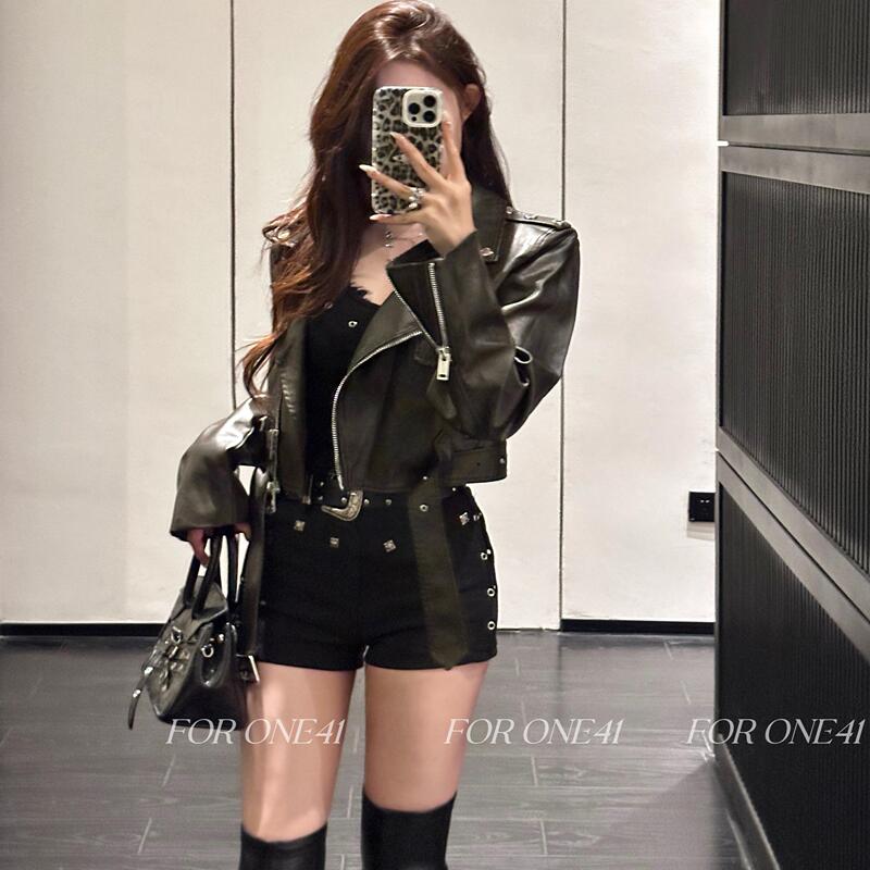 For One41 Black High-Waisted Slimming Stretchy Hot Pants Versatile Slim Fit Studded Design Shorts