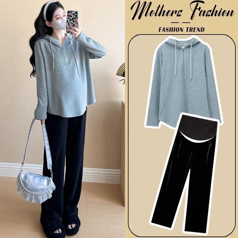 High-End Slimming Maternity Wear, New Spring and Autumn Style, Hooded Sweatshirt, Long-Sleeved Top, Belly-Supporting Wide-Leg Pants, Loose Two-Piece Set to Cover the Belly High-End Slimming Maternity Wear, New Spring and Autumn Style, Hooded Sweatshirt, Long-Sleeved Top, Belly-Supporting Wide-Leg Pants, Loose Two-Piece Set to Cover the Belly