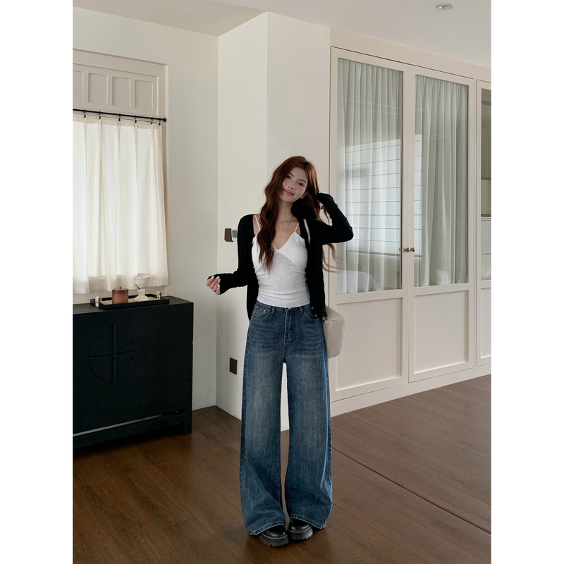 Vintage Blue Bamboo Joint Wide-Leg Jeans for Women, 2026 Autumn New Style, Mid-High Waist, Straight, Loose, Versatile, Floor-Length Pants