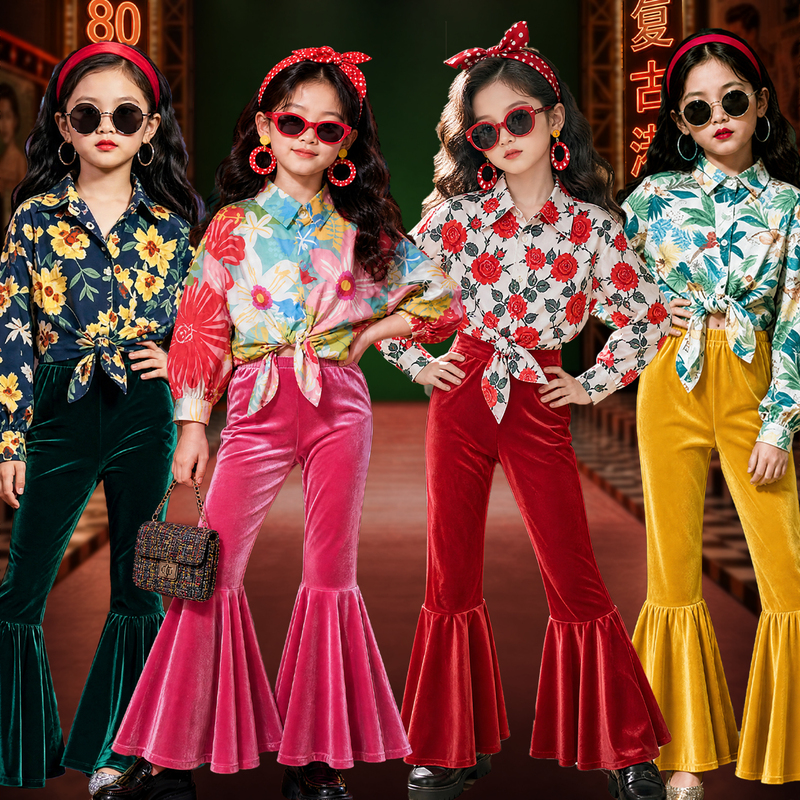 80S Children's Retro Hong Kong Style Performance Clothing for Girls, 90S Nostalgic Theme Stage Catwalk Shirt and Bell-Bottom Pants Set 80S Children's Retro Hong Kong Style Performance Clothing for Girls, 90S Nostalgic Theme Stage Catwalk Shirt and Bell-Bottom Pants Set