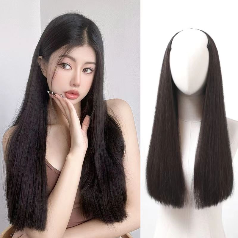 One-Piece Hair Extension to Increase Volume, Fluffy One-Cut Black Long Straight Wig, Invisible Seamless Hair Extension, U-Shaped Half Wig