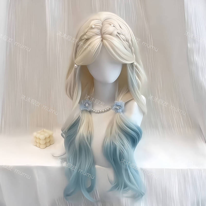 [Ice Kiss Summer] Wig for Women, Lace Front, Middle Part, Long Curly Hair, Lolita Platinum Gradient Blue Full Head Wig