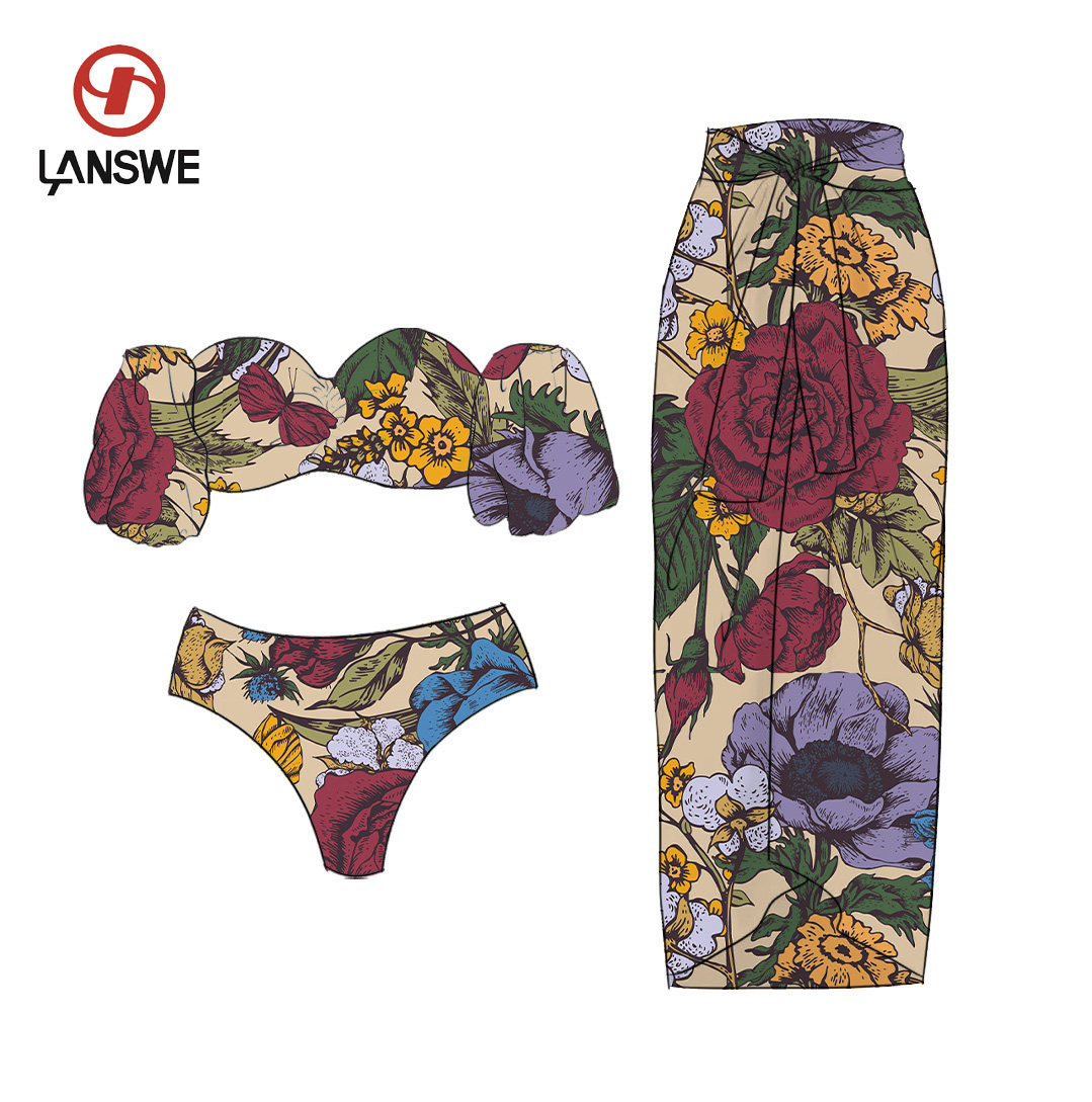 Женская плавках lanswe vintage print split bikini swimwear women set straple OTHER