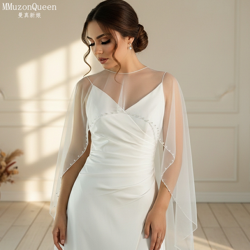 Manzhen Bridal Shawl, Mesh Cape, Pearl Arm Cover, Classic Versatile Wedding Dress Accessory Mg77