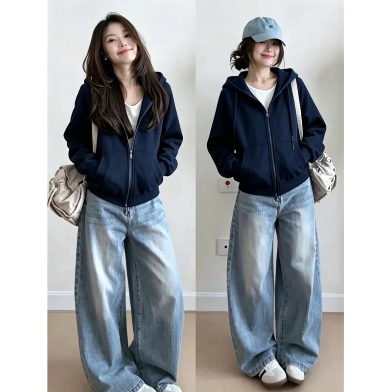 Navy Blue Jacket for Women, Autumn Hooded Sweatshirt, 2026 New Style, This Year's Popular Hot Item, Long-Sleeved Top for Commuting Wear