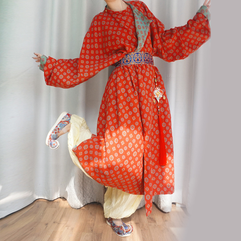 Hui Ze Original Hanfu, All-Cotton, Yarn-Dyed, Single-Layer, Reversible Tang-Style Round-Neck Robe, Everyday Loose-Fitting, Restored Spring-Summer Set
