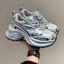 Silver thick-soled dad shoes for women 224 new spring and autumn retro all-match platform 7CM genuine leather casual sports shoes