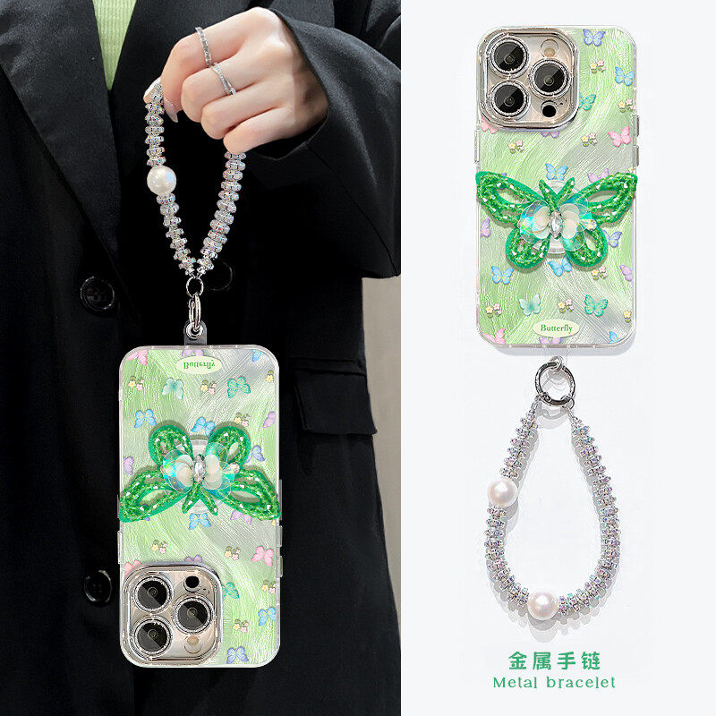 Green Butterfly Stand Suitable for Apple 16 Pro Max Phone Case, Huawei Pura 70 Creative Mate 60 Pro Full Coverage, Oppo Reno 13 Premium Vivo S20 Bracelet, Honor 300/Xiaomi 15