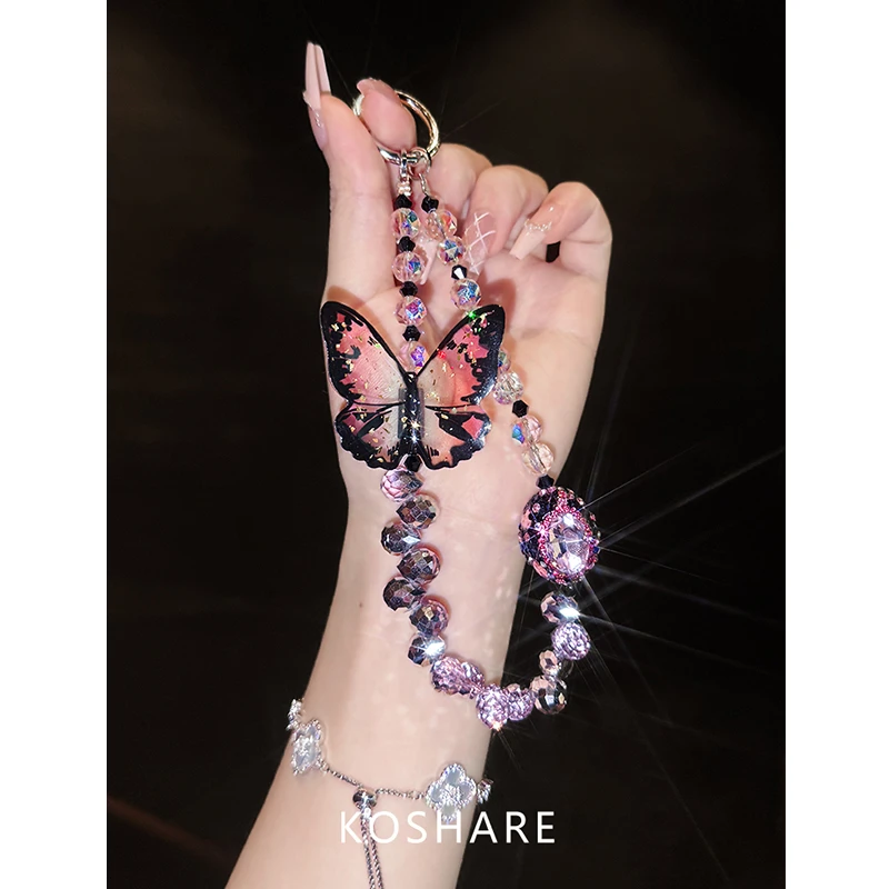 [Butterfly Dream]Summer Fresh Crossbody Phone Chain Lanyard Keychain with Sparkling Rhinestones, High-End Chain, Light Luxury Fashion Trend, Anti-Drop Bracelet Wristband Long Chain for Women, Gift, High Aesthetic Value, Trendy