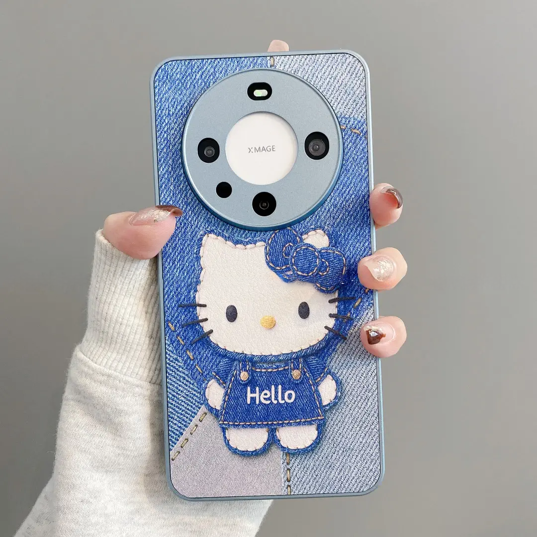 Metal Leather Denim Kt Phone Case Suitable for Apple 17 Pro Max, Huawei Mate 60, Creative Pura 70, Cute Oppo Reno 14, Cartoon Vivo S30/X200, Full Coverage Honor 400 for Women