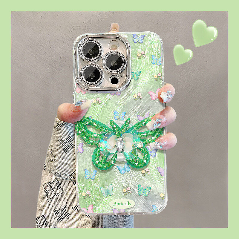 Green Butterfly Stand Suitable for Apple 16 Pro Max Phone Case, Huawei Pura 70 Creative Mate 60 Pro Full Coverage, Oppo Reno 13 Premium Vivo S20 Bracelet, Honor 300/Xiaomi 15
