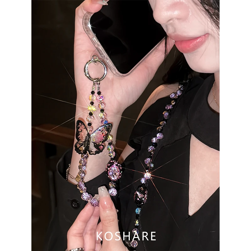 [Butterfly Dream]Summer Fresh Crossbody Phone Chain Lanyard Keychain with Sparkling Rhinestones, High-End Chain, Light Luxury Fashion Trend, Anti-Drop Bracelet Wristband Long Chain for Women, Gift, High Aesthetic Value, Trendy