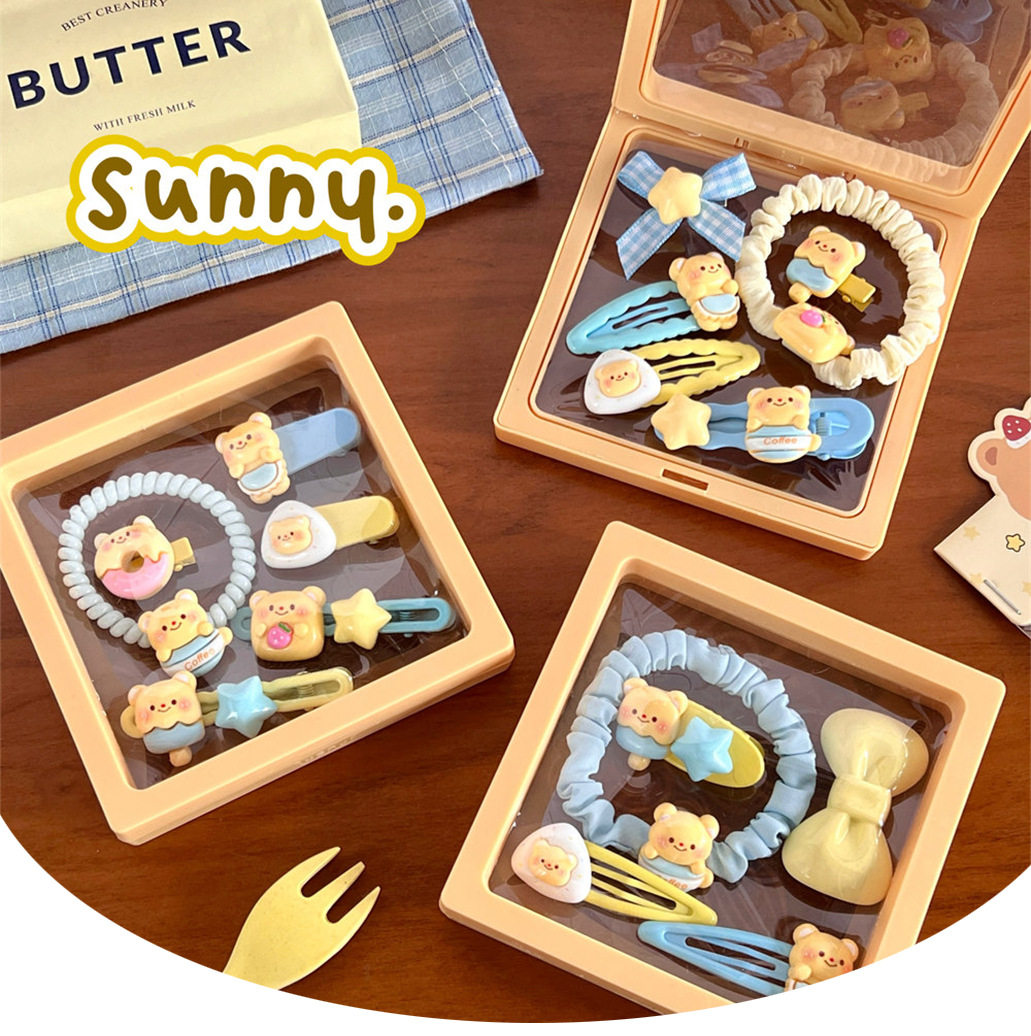 食颜派 卡子套组B黄油小熊组合 【可爱奶黄小熊系列 发饰组合 少女甜美 碎发刘海夹 高弹力发绳】