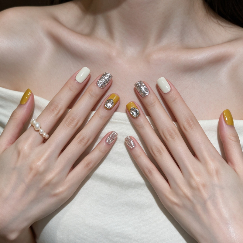 Sexy and Sweet Yellow Glitter Diamond Handmade Short Nails with a High-End Feel, Gentle Yellow and Black Skin-Enhancing Dazzling Nail Art