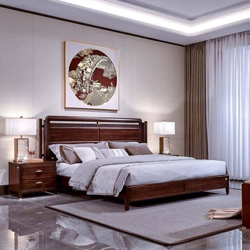 Nanyang HuのHongyunシリーズHE9930無垢材キングベッド、Ai Li Gu Yi Suウッド、新しい中国スタイル