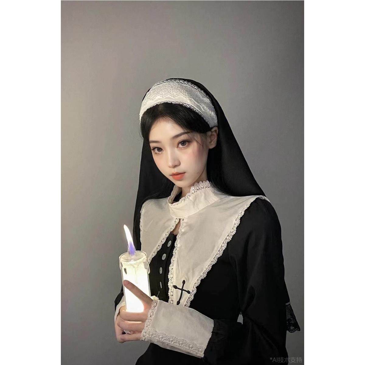 小紅書同款修女cos性感羅莉塔軟妹2025萬聖節穿搭制服頭巾洋裝