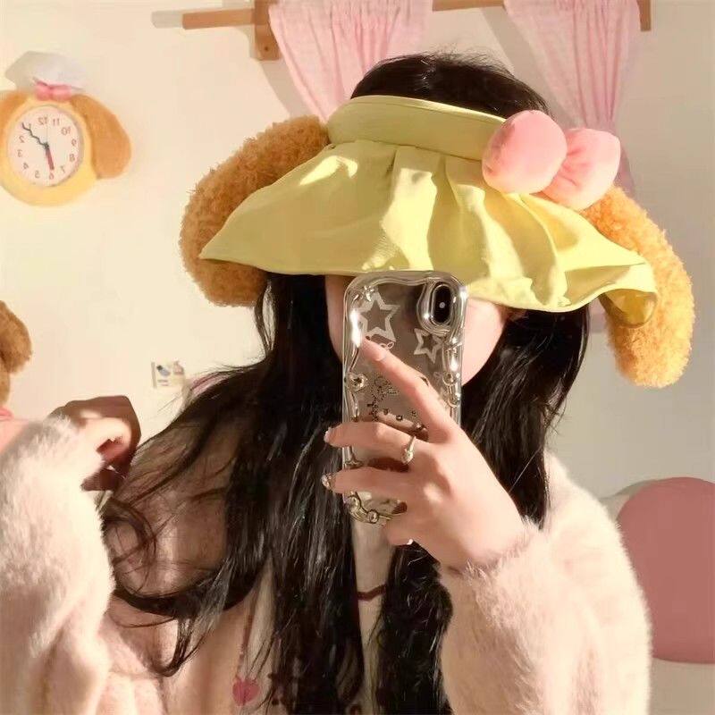 かわいいクッキーバターパンのくり抜かれたトップの日焼け止め帽子、女の子用、夏の紫外線対策、ぬいぐるみ、豚肉の綿菓子、子犬の漫画