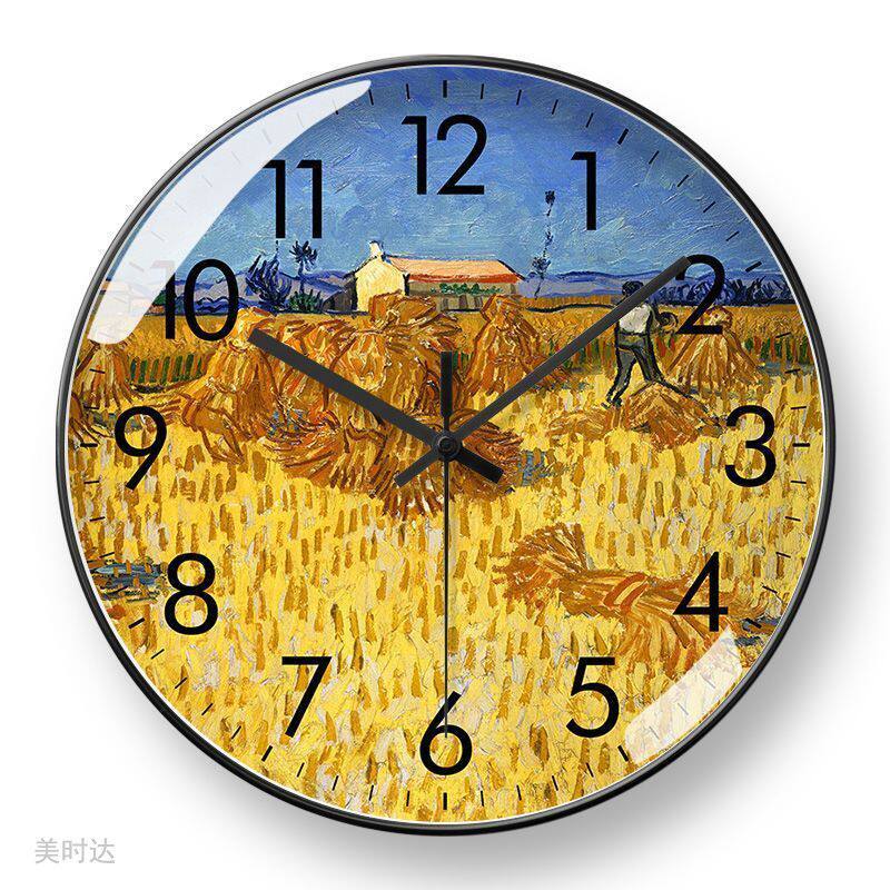 Van Gogh Oil Painting Wall Clock Quartz Clock Famous Painting of Almond Blossoms and Wheat Fields European and American Style Home Living Room Radio Clock Automatic Time Synchronization Clock