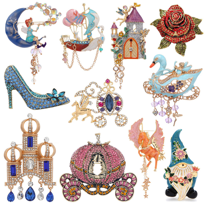 Vintage Retro Romantic Dreamy Fairy Tale Castle Pumpkin Carriage Rabbit Brooch Women's Heavy-Duty High-Heeled Shoes Pin Corsage
