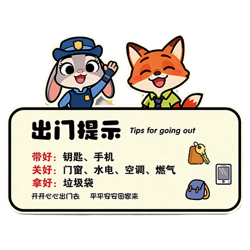 朱迪尼克创意可爱出门提示牌温馨标语贴外出带钥匙手机关门窗燃气空调温馨标语装饰门牌