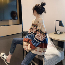 In 2020 the new woman wears cocoon oil painting Japanese retro sweater cover is loose and lazy