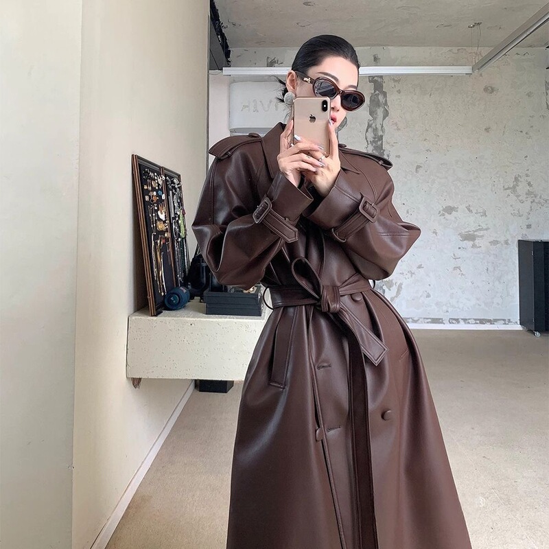 American Style Oversized Leather Trench Coat for Women, New Autumn Model, Over-The-Knee Long Style with Belt, Loose Pu Leather Jacket, Trendy