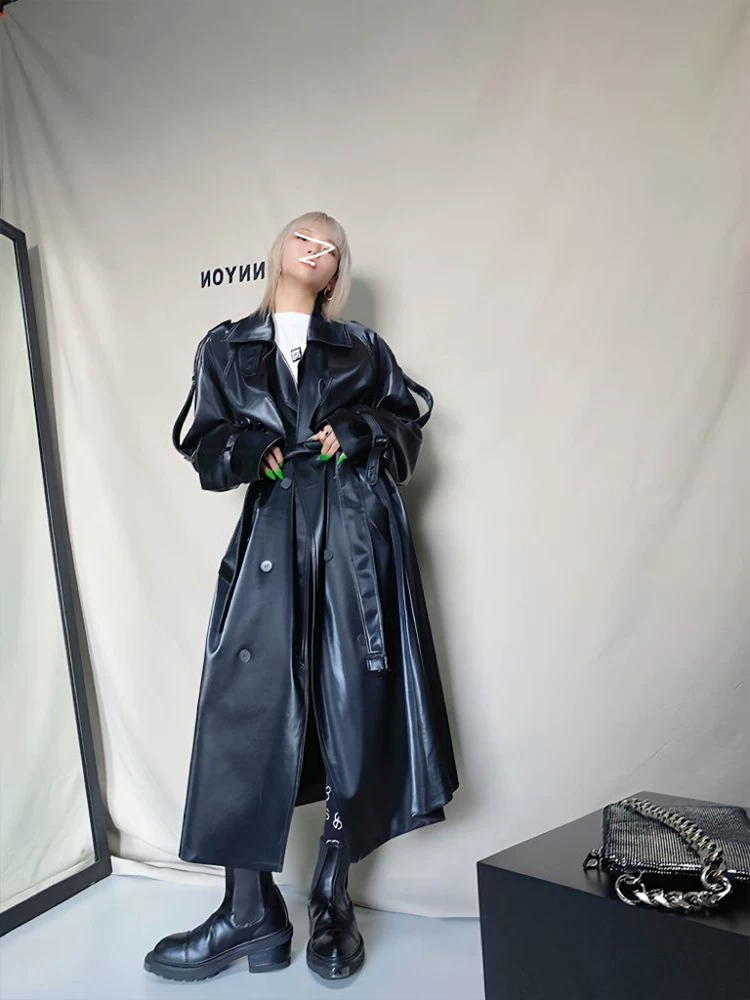 Черное демисезонное длинное trench Coat, куртка из полиуретана, стиль высокого качества, oversized, максимальная длина, увеличенная толщина