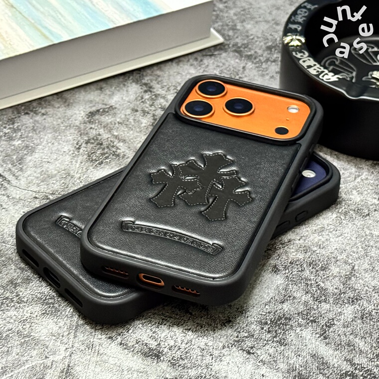 Chrome Hearts Matte Black Leather Embossed iPhone Case