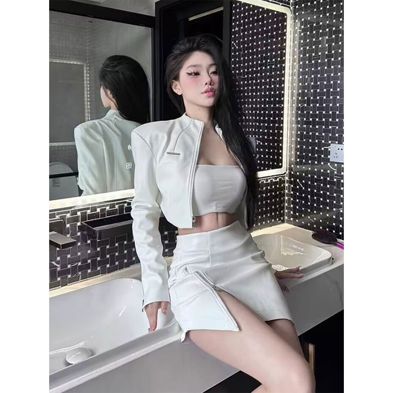 Cry Slightly Chubby American Style Hot Girl Solid Color Tube Top Short Leather Jacket Waist-Slimming Asymmetrical Pu Skirt Set Cry Slightly Chubby American Style Hot Girl Solid Color Tube Top Short Leather Jacket Waist-Slimming Asymmetrical Pu Skirt Set