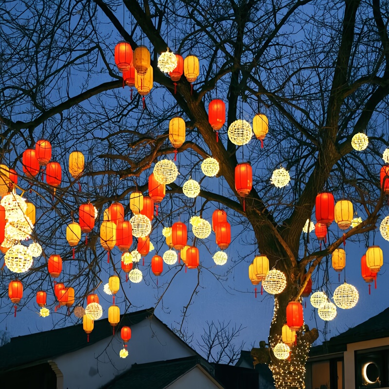 Chinese-Style Red Lantern Hanging Decoration, Chinese Style, Outdoor Waterproof Ancient Town Sheepskin Lantern, New Year Winter Melon Lantern, Rattan Ball Lantern