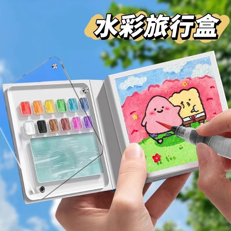 ミニ水彩絵の具箱とノート、アクリル水彩絵の具、携帯用ドローイングボードとスケッチブック、固形水彩絵の具詰め替え用、携帯用スケッチ＆旅行用水彩画セット。