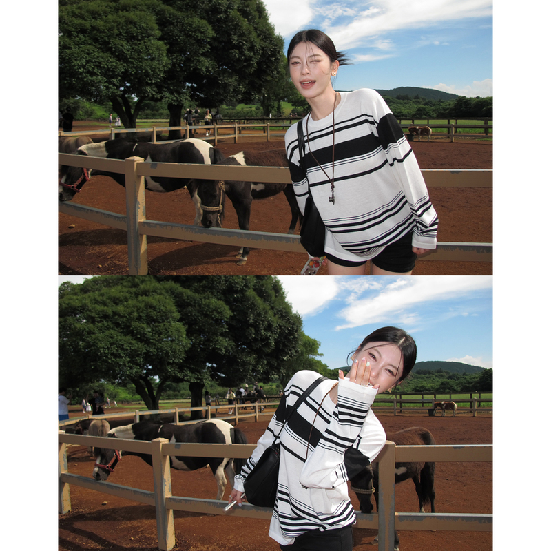 Hamyiho Black and White Striped Long-Sleeve T-Shirt for Women, Drop Shoulder Wool Knit Cover-Up, Thin Summer Base Shirt