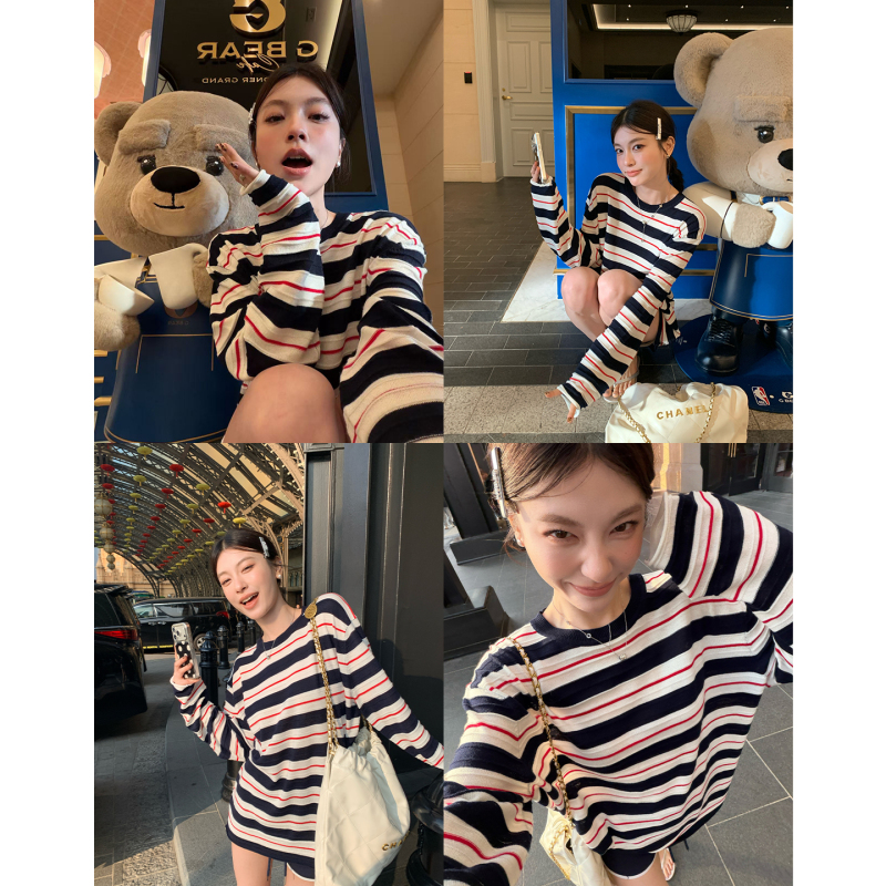 Hamyiho Striped Top Sun Protection Cover-Up Women's Long-Sleeved T-Shirt Thin Knitted Base Shirt Autumn 2026 New Summer Style