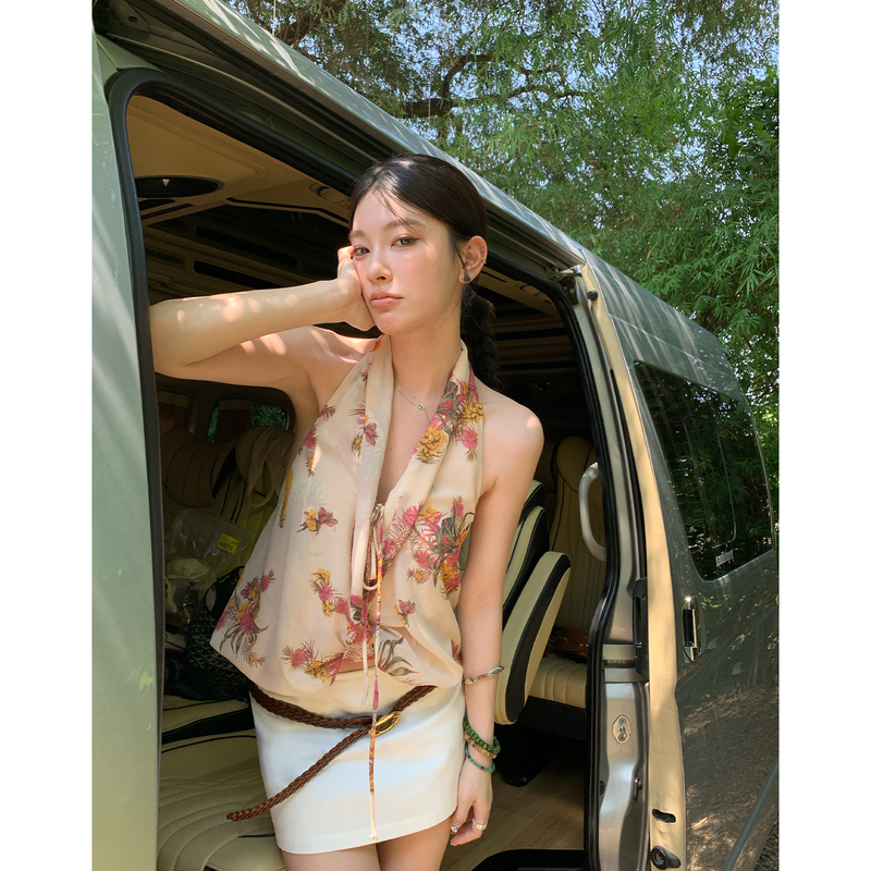 Hamyiho Tencel V-Neck Halter Backless Printed Lace-Up Tank Top T-Shirt for Women 2026 New Sleeveless Hot Girl Top