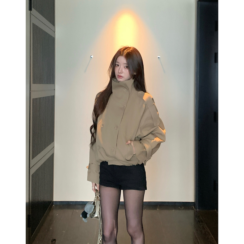 Hamyiho Barn Style Stand Collar Double-Breasted Trench Coat for Women, Autumn Turn-Down Collar Short Jacket, Petite Top Hamyiho Barn Style Stand Collar Double-Breasted Trench Coat for Women, Autumn Turn-Down Collar Short Jacket, Petite Top