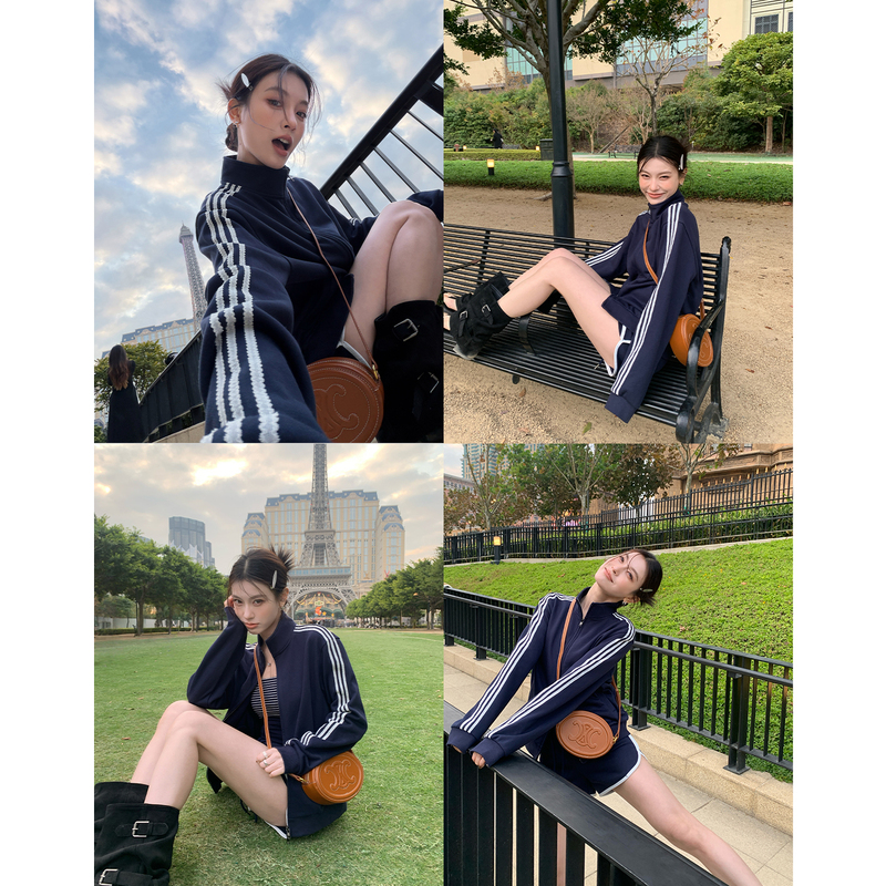 Hamyiho Korean Style Navy Blue Three-Stripe Casual Sports Jacket and Shorts Two-Piece Set for Women, 2026 New Early Spring Collection