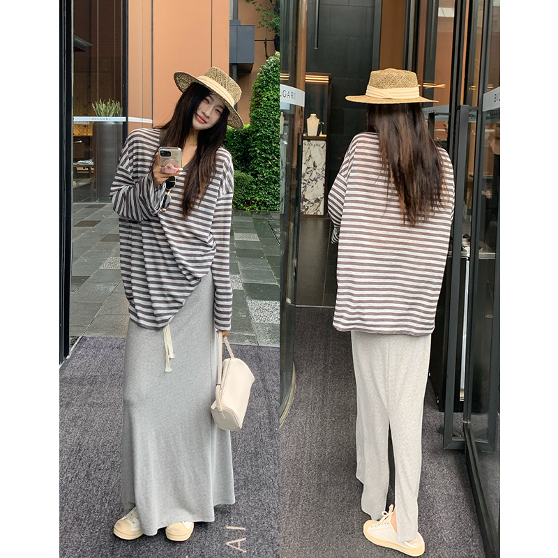 Hamyiho Atmospheric Paper Doll Style Slit Contrast Color Ribbon Skirt Design Thin Loose Drawstring Long Skirt