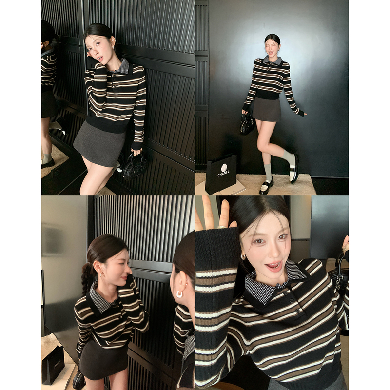 Hamyiho College Style Polo Base Shirt Striped Knitted Top Women's Long Sleeve Autumn Outfit 2026 New Model
